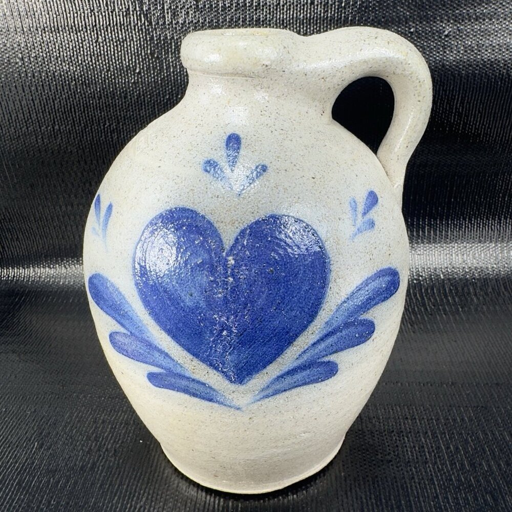 1994 Rowe Pottery Works Salt Glazed Gray Blue Heart Jug Carafe Container Marked - Picture 13 of 16